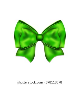 Green silky bow on a white background. Vector illustration.