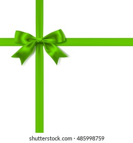 Green Silky Bow And Ribbon On White Background. Vector