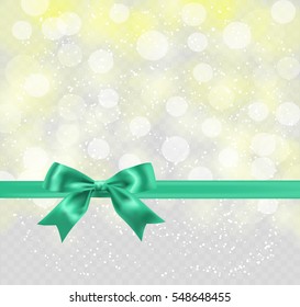 green silky bow and ribbon on lemon yellow blurry background. vector