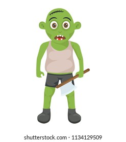 
Green silly face creature with axe in hand scaring the halloween idea, zombie with axe
