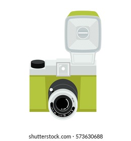 Green and silver analog plastic camera with flash. Flat vector illustration. Up view. 