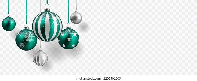 Green and silver christmas balls with shadow isolated on transparent background.