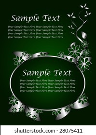 A green and silver floral design with room for text on a rich green and black background