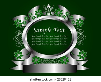 A green and silver floral design with room for text on a rich green and black background