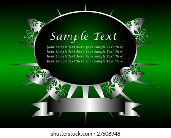 A green and silver floral vector design with room for text on a rich green and black background