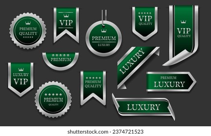 Green silver luxury premium quality label badges on grey background vector illustration.
