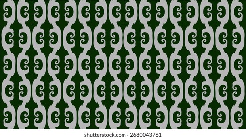 Patrón ornamental verde y plateado con Elementos curvos repetitivos para una decoración clásica.