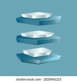 Green and silver pedestal empty isolated on green background. Vector podium for product demonstration.