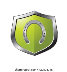 green & silver shiny shield with horse shoe inside