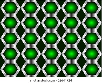 A green and silver tileable vector background template with  silver hexagons on a black base