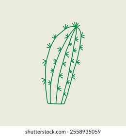 Green simple cactus line drawing on neutral background. Vector hand drawn line art illustration