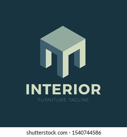 Green simple chair isometric 3d icon interior logo. Single symbol on a dark background.