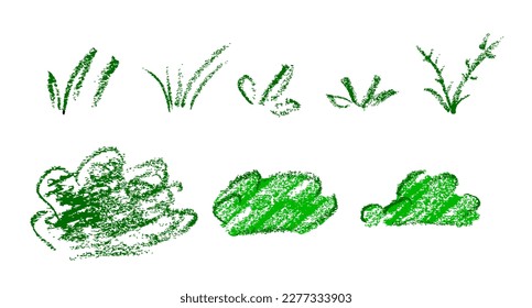 green simple crayon grass, set 8 isolated on white
