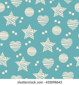 Green simple geometric seamless pattern with hearts, stars, squares, and circles. Vector illustration. 