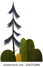 Green simple graphic arts tree and bush, thin brown trunk and branches, forest plant isolated on white. Vector illustration of big spruce with foliage round shape, landscape element in cartoon concept