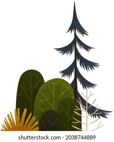 Green simple graphic arts tree and bush, thin brown trunk and branches, forest plant isolated on white. Vector illustration of big spruce with foliage round shape, landscape element in cartoon concept