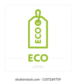 Green simple icon of label with word Eco isolated on white background