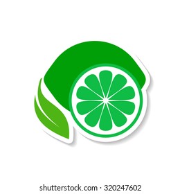 Green simple lime fruit icon label with shadow