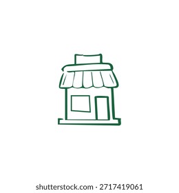 Una ilustración de escaparate verde y simple con un toldo y una puerta en blanco