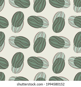 Green simple watermelons shapes with shadow seamless pattern. Grey background. Organic vitamin print. Graphic design for wrapping paper and fabric textures. Vector Illustration.