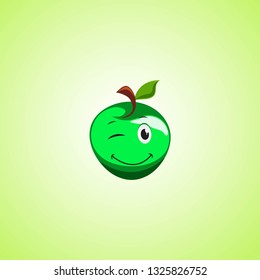 Green simple winking character cartoon apple. Cute smiling apple icon isolated on green background. Vector illustration EPS 10.