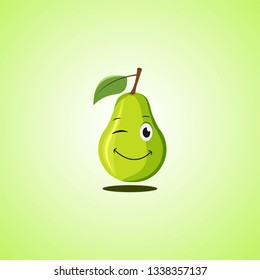 Green simple winking character cartoon pear. Cute smiling pear icon isolated on green background. Vector illustration EPS 10.