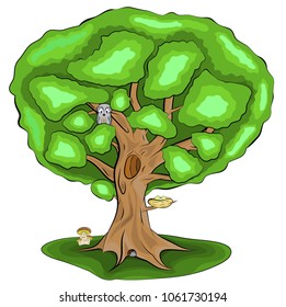 Green, single tree with leaves and animals, owl, mouse, mushroom, nest, eggs, vector illustration in colored version with shadows on ground, cartoon style.