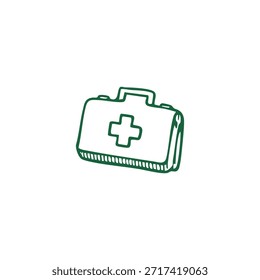 Green sketch of a first aid kit on white background, with a cross symbol