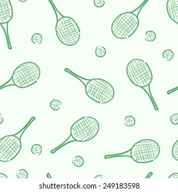 Green sketches of tennis rackets and balls