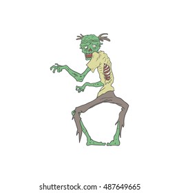 Green Skin Creepy Zombie With Rotting Flesh Outlined Hand Drawn Adult Style Illustration Isolated On White Background