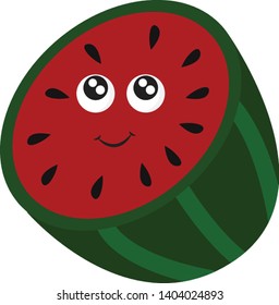 A green skin, red pulp, watery juice half-cut watermelon has a face with black seeds, and two eyes rolled top-left is smiling set isolated white background, vector, color drawing or illustration.