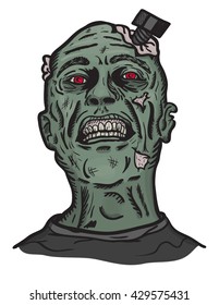 Green skin zombie with the brains fallen out and the screw in it's head