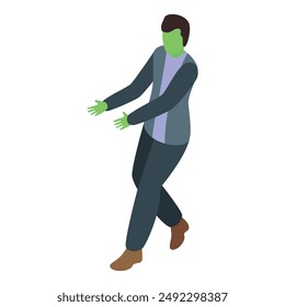 Green skinned zombie businessman is walking towards something with his hands outstretched