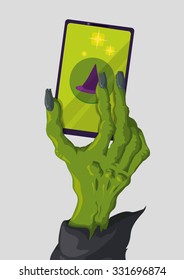 Green Skinny Witch Hand Holding A Smart Phone.