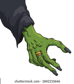 Green and skinny witch hand with mystic rings and black tunic, isolated over white background.