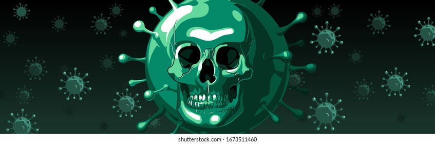 A green skull coronavirus magnified under a microscope flies on a black background. Vector illustration.