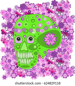 Green skull with flowers on a pink background