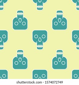 Green Skull icon isolated seamless pattern on yellow background. Happy Halloween party.  Vector Illustration