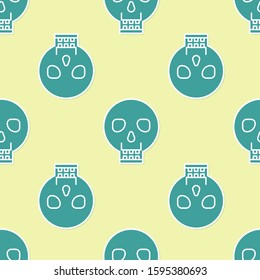 Green Skull icon isolated seamless pattern on yellow background. Happy Halloween party.  Vector Illustration