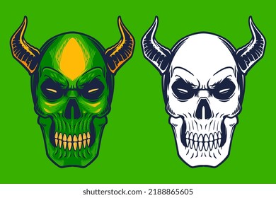 green skull with long horn head mascot vector illustration cartoon style