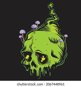 green skull with mushrooms on black background