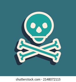Green Skull on crossbones icon isolated on green background. Happy Halloween party. Long shadow style. Vector