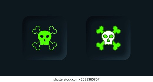 Green Skull on crossbones icon isolated on black background. Happy Halloween party. Black square button. Vector