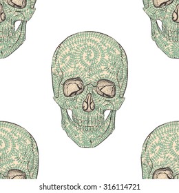 Green skull with ornament on white background.Seamless pattern background.