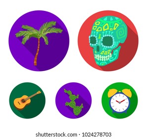 Green skull with a picture, a palm tree, a guitar, a national Mexican instrument, a cactus with spines. Mexico country set collection icons in flat style vector symbol stock illustration web.