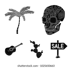 Green skull with a picture, a palm tree, a guitar, a national Mexican instrument, a cactus with spines. Mexico country set collection icons in black style vector symbol stock illustration web.