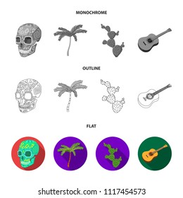 Green skull with a picture, a palm tree, a guitar, a national Mexican instrument, a cactus with spines. Mexico country set collection icons in flat,outline,monochrome style vector symbol stock