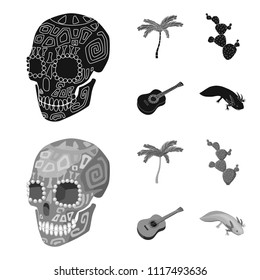Green skull with a picture, a palm tree, a guitar, a national Mexican instrument, a cactus with spines. Mexico country set collection icons in black,monochrome style vector symbol stock illustration