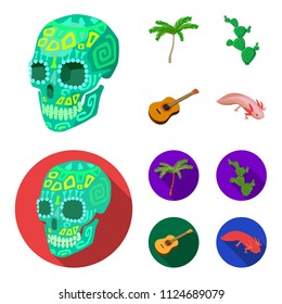 Green skull with a picture, a palm tree, a guitar, a national Mexican instrument, a cactus with spines. Mexico country set collection icons in cartoon,flat style vector symbol stock illustration web.