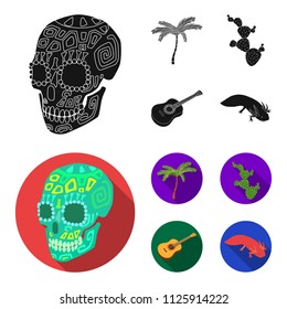 Green skull with a picture, a palm tree, a guitar, a national Mexican instrument, a cactus with spines. Mexico country set collection icons in black, flat style vector symbol stock illustration web.